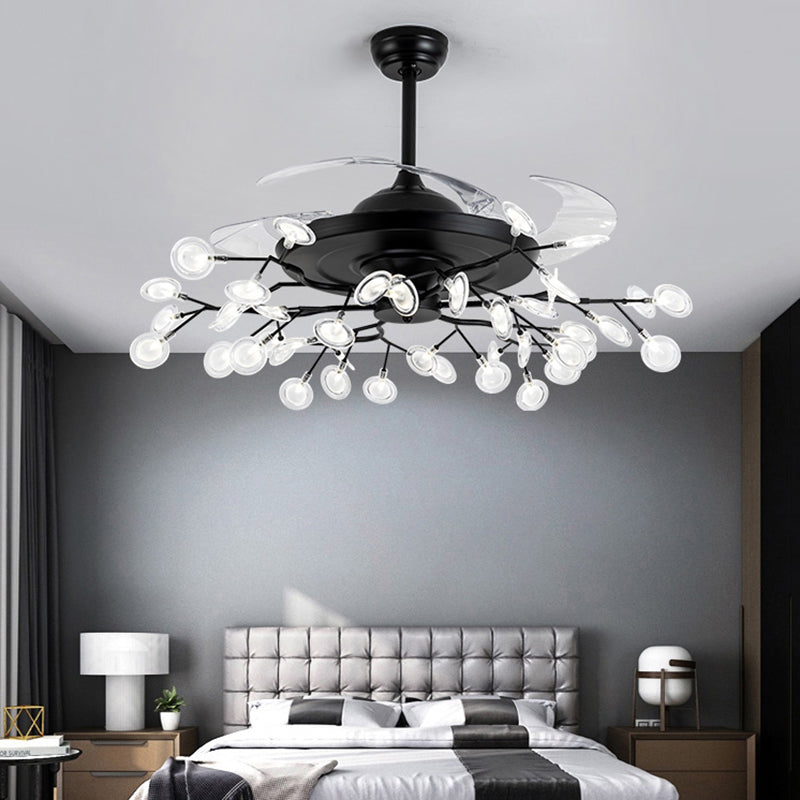 Remote Control Firefly Semi Flush Chandelier Postmodern Metal Dining Room Ceiling Fan Light, 42" W