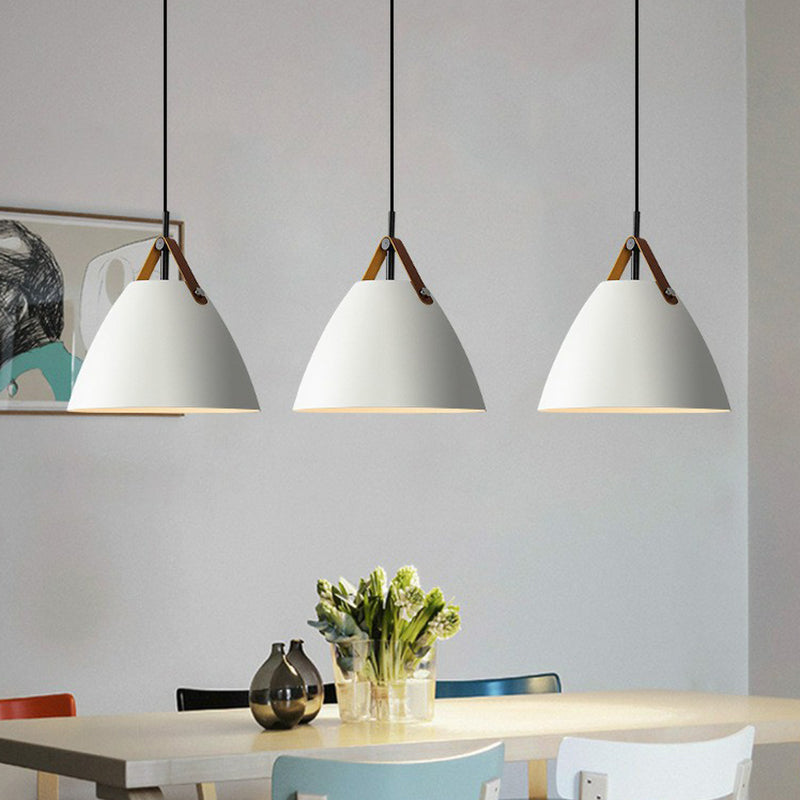 Macaron Conical Pendant Lamp Metallic 1 Head Dining Room Ceiling Light with Acrylic Diffuser and Leather Strap