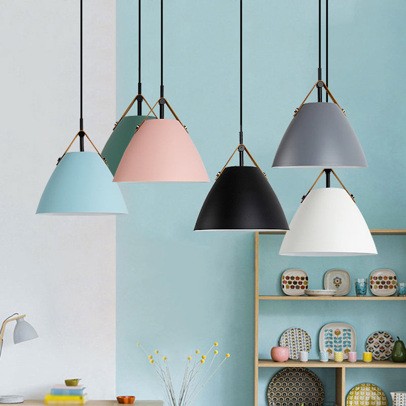 Macaron Conical Pendant Lamp Metallic 1 Head Dining Room Ceiling Light with Acrylic Diffuser and Leather Strap