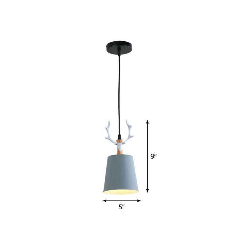 Macaron Taper Hanging Ceiling Light Metal Single Dining Room Drop Pendant with Antler Decor