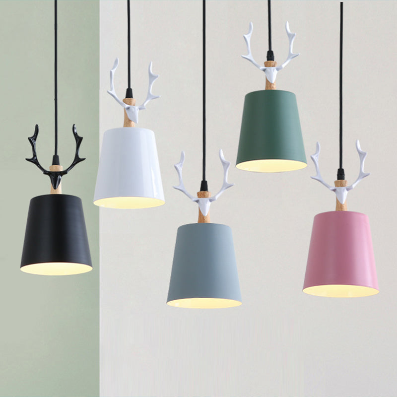 Macaron Taper Hanging Ceiling Light Metal Single Dining Room Drop Pendant with Antler Decor