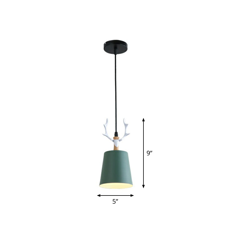 Macaron Taper Hanging Ceiling Light Metal Single Dining Room Drop Pendant with Antler Decor