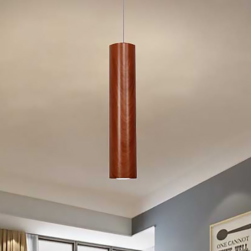 Cylinder Ceiling Light with Wood Grain Shade Modern Metal Brown Living Room Pendant Light in Warm/White, 11"/19"/27" Height