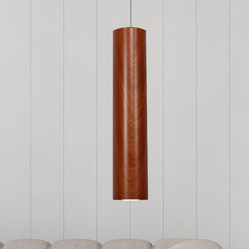 Cylinder Ceiling Light with Wood Grain Shade Modern Metal Brown Living Room Pendant Light in Warm/White, 11"/19"/27" Height