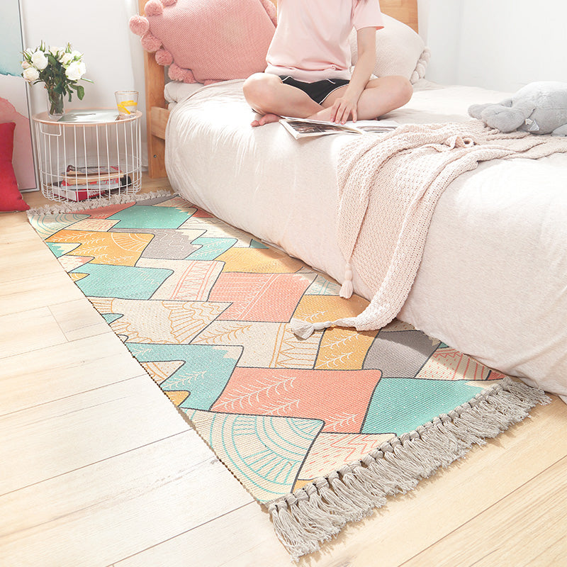 Bohemian Geometric Print Rug Multi Colored Cotton Indoor Rug Pet Friendly Easy Care Washable Area Carpet for Bedroom