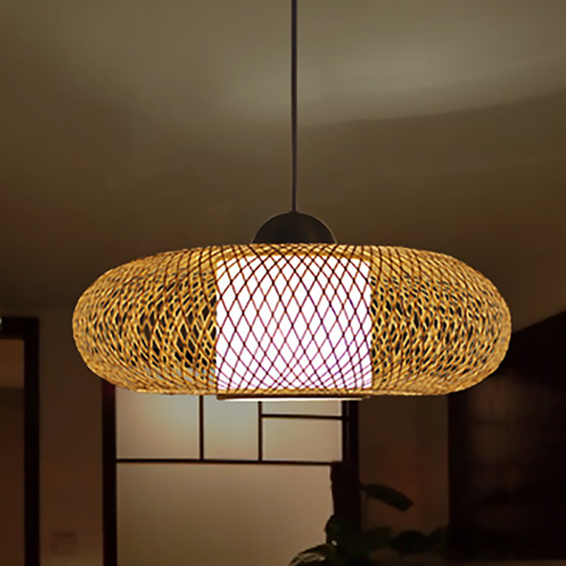 Black/Wood Cross Woven Hanging Pendant Light with Drum Shade Contemporary 1 Head Bamboo Hanging Lamp