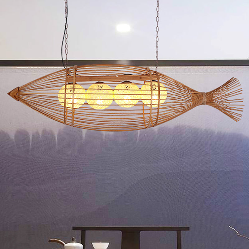 Éclairage de lustre en forme de poisson en bambou Style asiatique 39 "/ 57" W 3 bulbes beige suspendu avec une teinte à balle de rotin intérieure