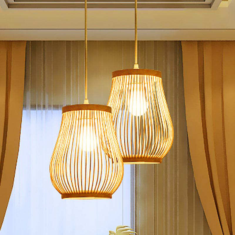 Bamboo Woven Shade Pendant Plafond Light Asian Style 1 Bulbe Beige suspendu, 7 "/ 8" de large