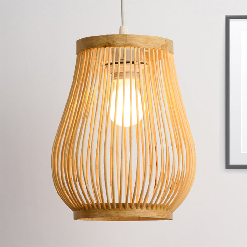 Bamboo Woven Shade Pendant Ceiling Light Asian Style 1 Bulb Beige Hanging Lamp, 7"/8" Wide