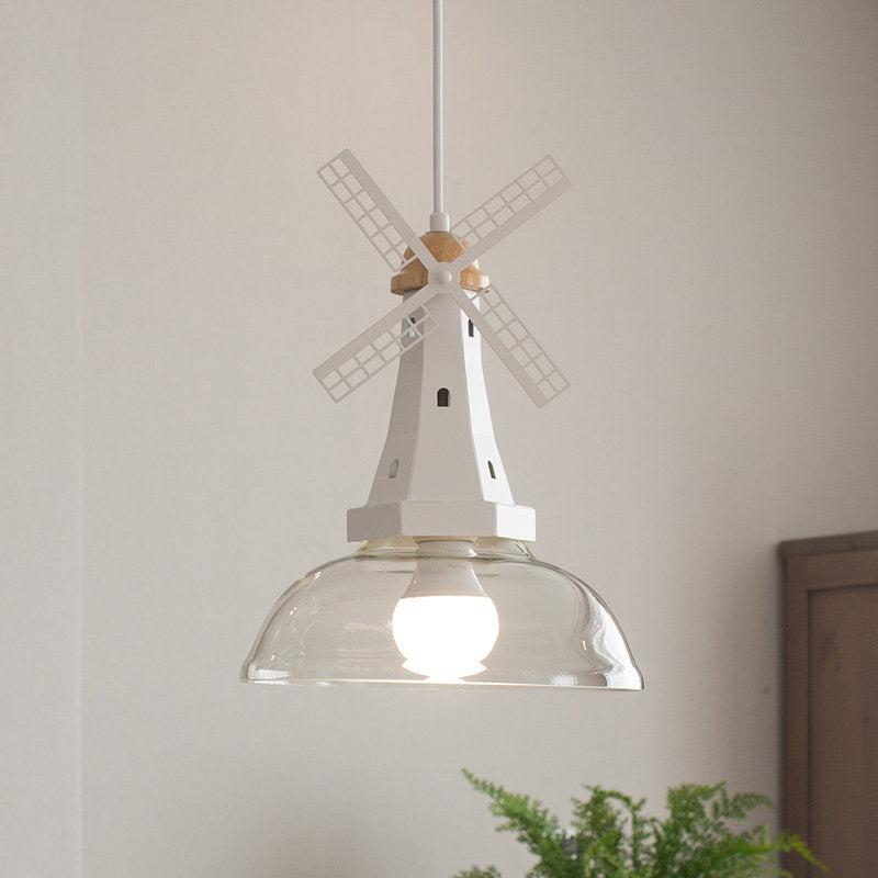 Clear Glass Barn Hanging Light 1 Bulb Modern Ceiling Pendant with Windmill in White for Restaurant