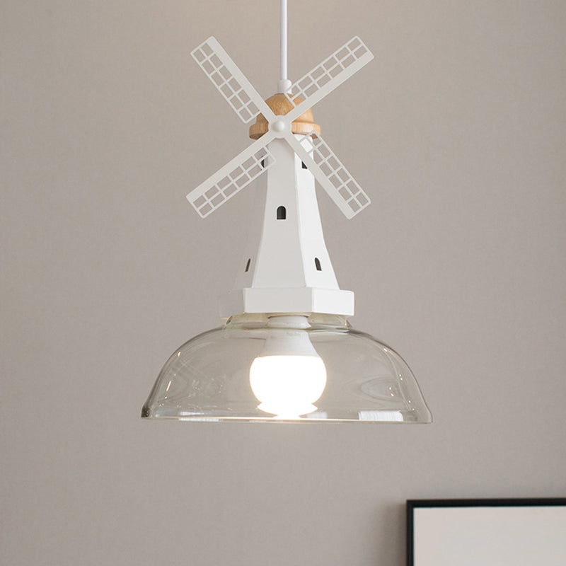 Clear Glass Barn Hanging Light 1 Bulb Modern Ceiling Pendant with Windmill in White for Restaurant