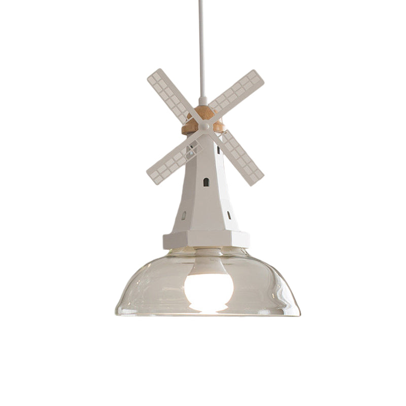 Clear Glass Barn Hanging Light 1 Bulb Modern Ceiling Pendant with Windmill in White for Restaurant