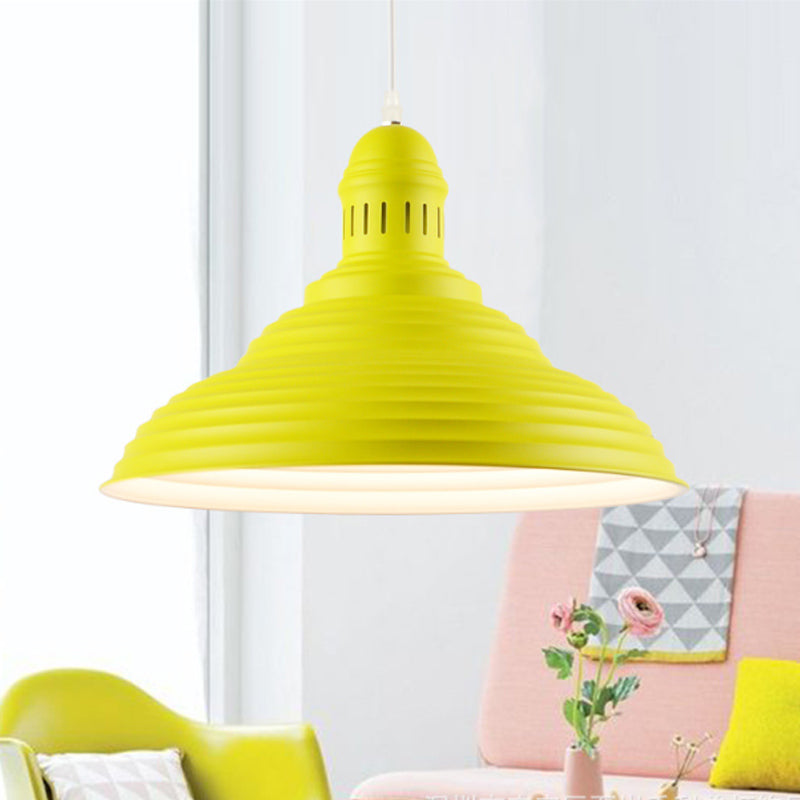 Pot-lid Shade Hanging Ceiling Light with Ruffle Design Nordic Metal Gray/Pink/Yellow Dining Room Pendant lamp