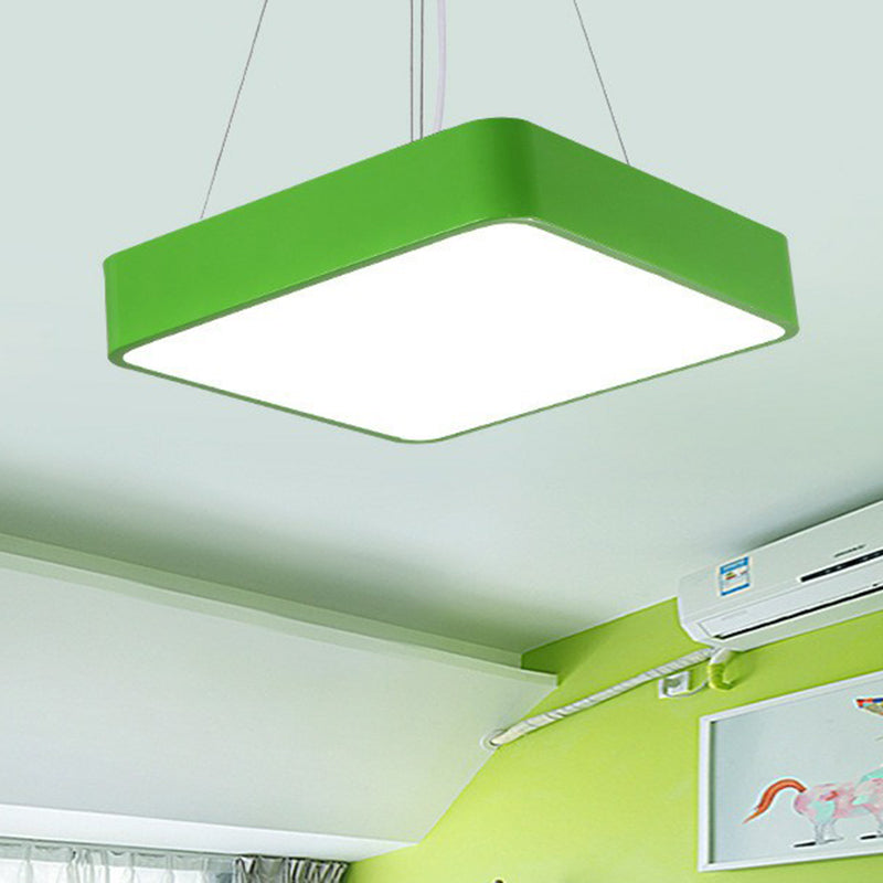 Simplicity Square LED Pendant Lamp Metal Childrens Bedroom Chandelier Light in Green