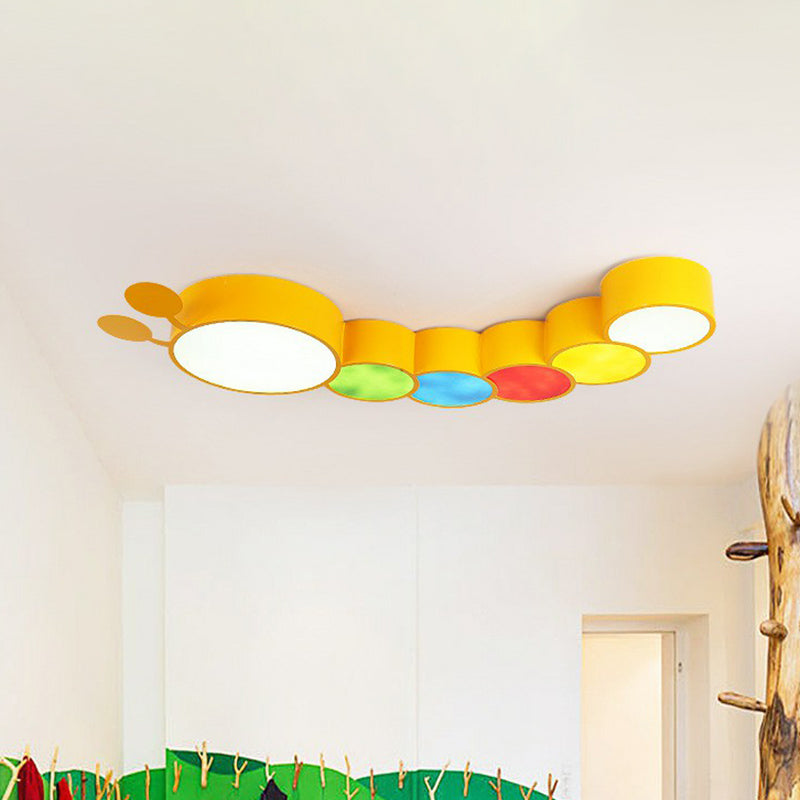 Cartoon Caterpillar LED Ceiling Lighting Metal Kindergarten Flush Mount Fixture in Yellow