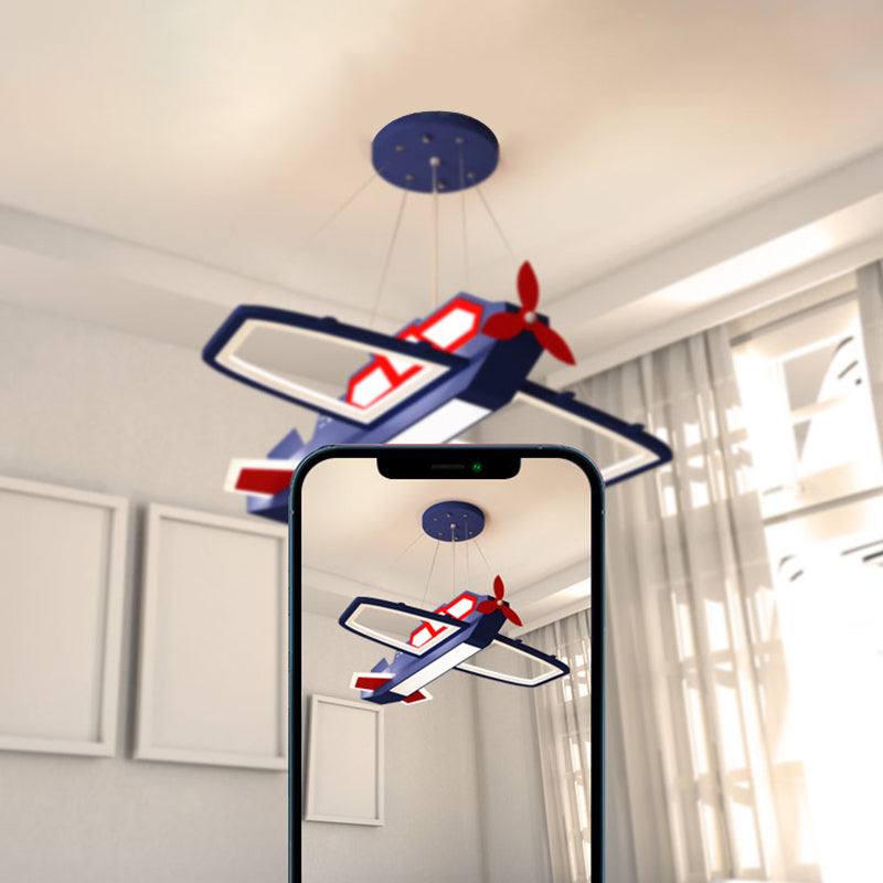 Dark Blue Plane Pendant Lighting Fixture Childrens LED Metal Chandelier for Bedroom