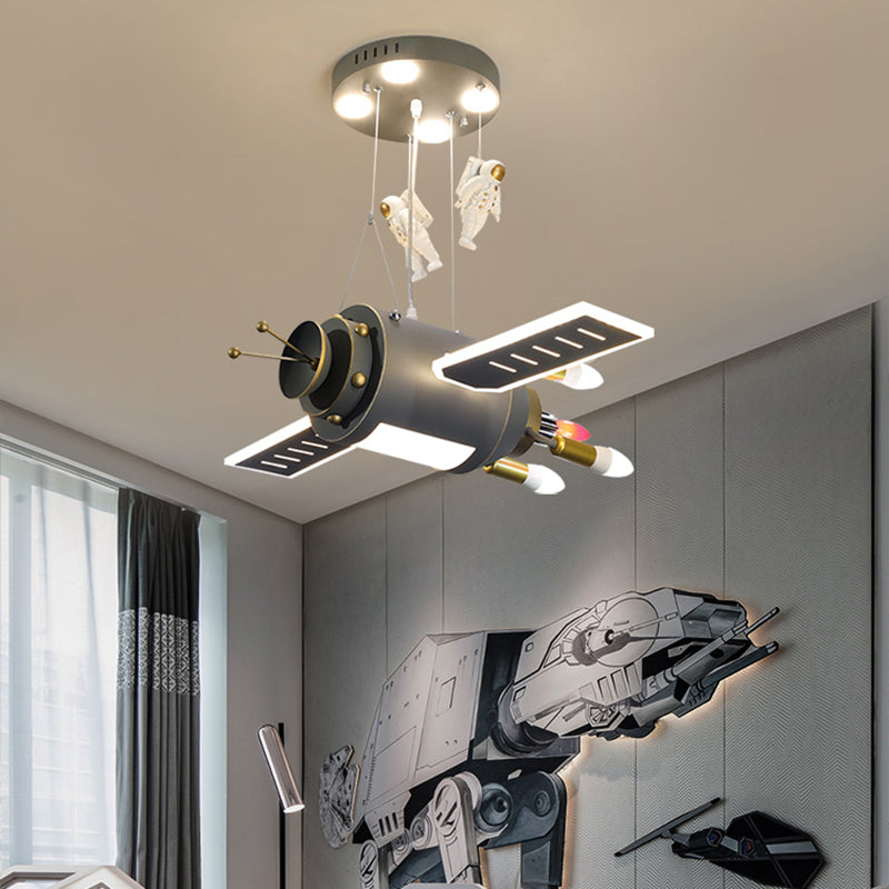 Grey Spacecraft LED Chandelier Cartoon Metal Hanging Pendant Light for Kids Bedroom