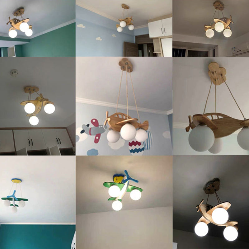 Cartoon a 3 luci a 3 luci il lampadario beige elicottero a ciondolo illuminazione con sfera di vetro bianco