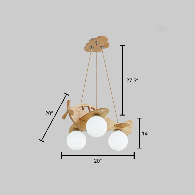 Cartoon 3-Light Chandelier Beige Helicopter Pendant Lighting with Ball White Glass Shade