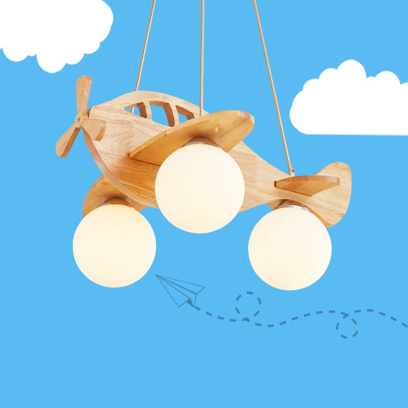 Cartoon 3-licht kroonluchter beige helikopter hangerverlichting met bal witte glazen schaduw