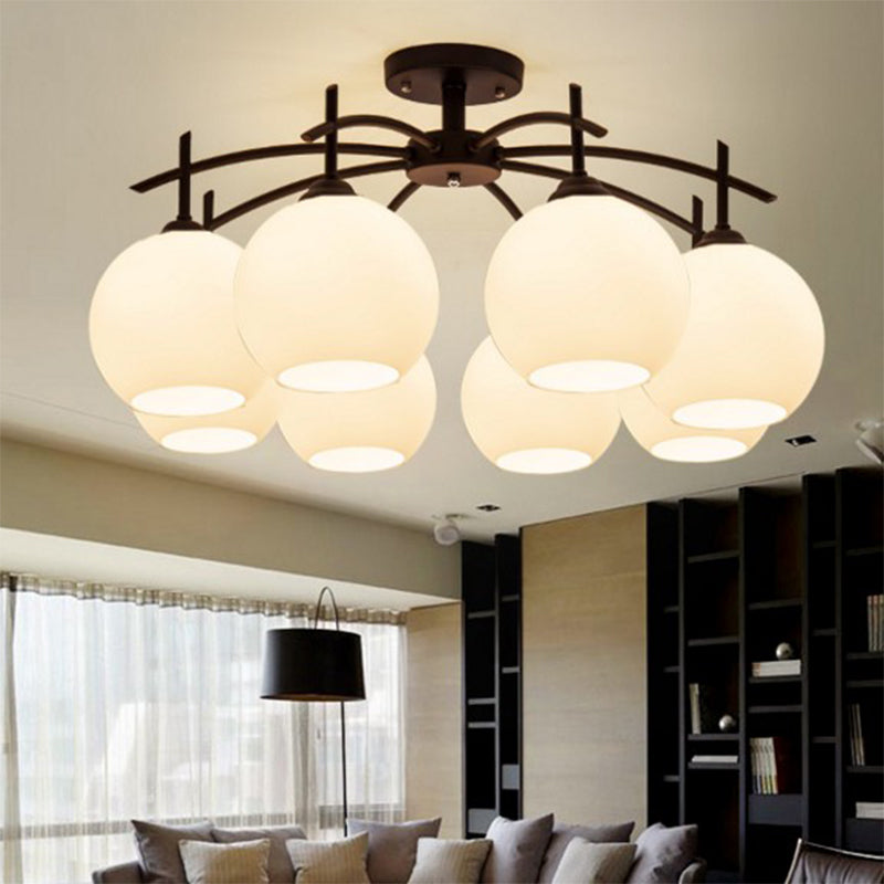 Domed Close to Ceiling Light Minimalist Opal Glass Living Room Flush Light in Black