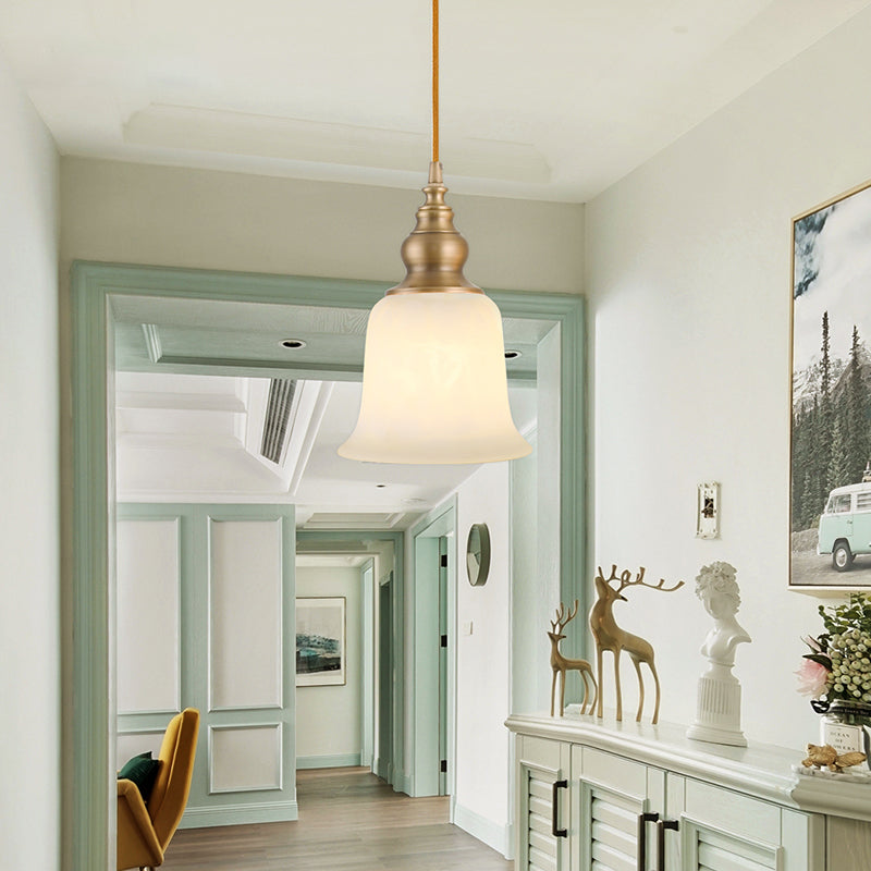 Gold 1-Light Drop Pendant Colonial Style Satin Opal Glass Shaded Hanging Light for Hallway