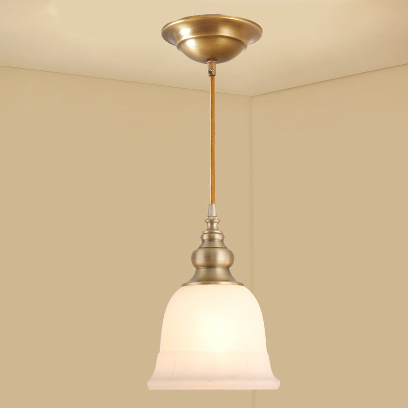 Gold 1-Light Drop Pendant Colonial Style Satin Opal Glass Shaded Hanging Light for Hallway