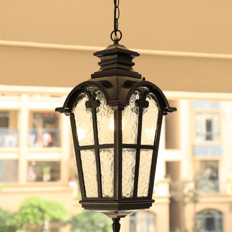 Tapered Rippled Glass Pendant Lighting Classic 1 Bulb Courtyard Suspension Light in Black