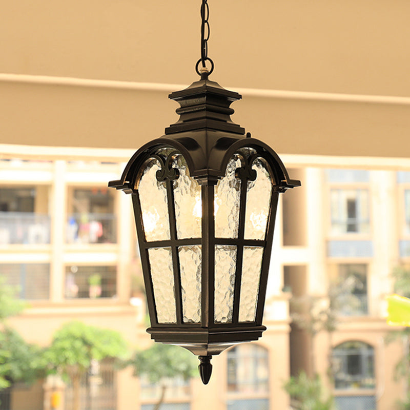 Tapered Rippled Glass Pendant Lighting Classic 1 Bulb Courtyard Suspension Light in Black