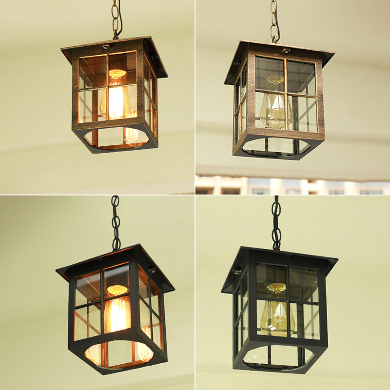 Country Gridded Box Pendant Light Single Transparent Glass Hanging Lamp for Garden