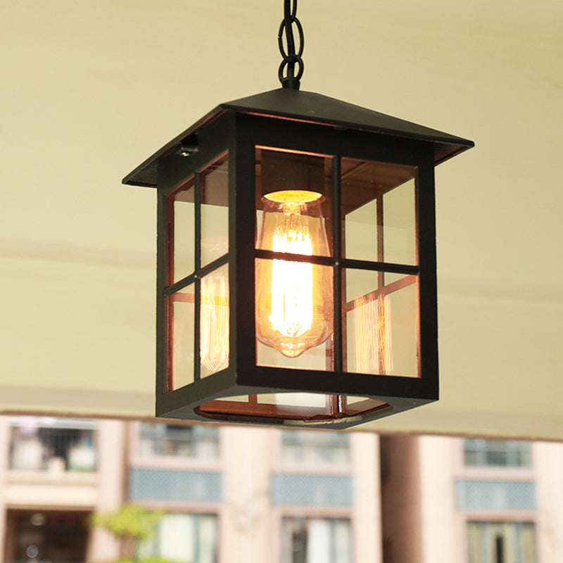 Country Gridded Box Pendant Light Single Transparent Glass Hanging Lamp for Garden