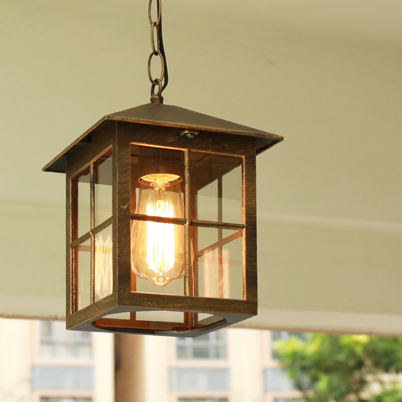 Country Gridded Box Pendant Light Single Transparent Glass Hanging Lamp for Garden