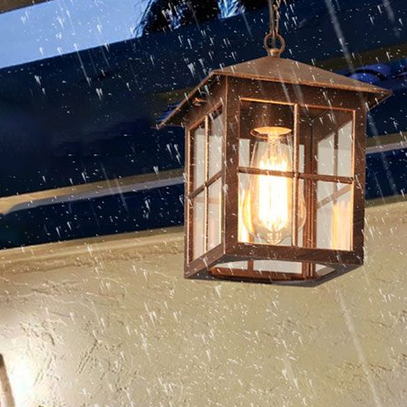 Country Gridded Box Pendant Light Single Transparent Glass Hanging Lamp for Garden