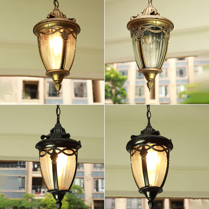 Single Bulb Drop Pendant Antique Bell Shaped Ribbed Glass Suspension Lighting for Outdoor