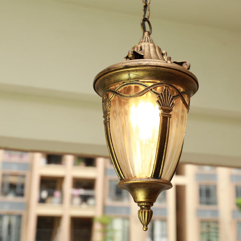 Single Bulb Drop Pendant Antique Bell Shaped Ribbed Glass Suspension Lighting for Outdoor