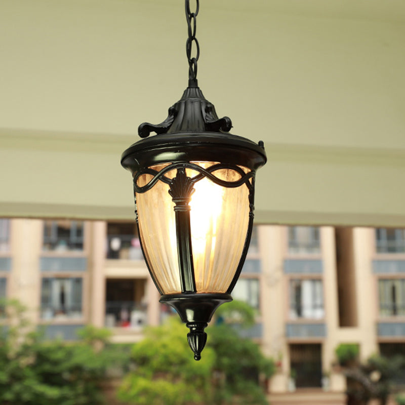 Single Bulb Drop Pendant Antique Bell Shaped Ribbed Glass Suspension Lighting for Outdoor