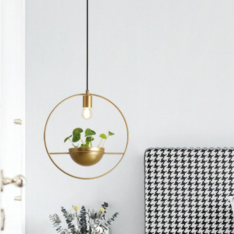 Gold Loop and Dome Pendant Lamp Industrial Metal 1-Head Dining Room Suspension Light with Artificial Lysimachia