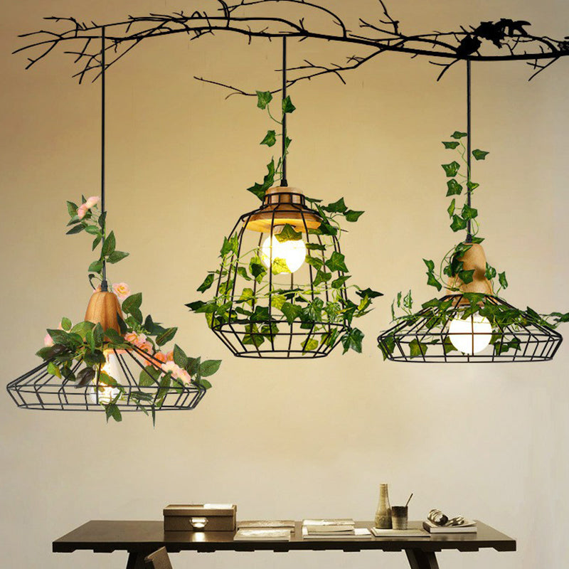 Farmhouse Wire Cage Suspension Lighting 1-Bulb Iron Ceiling Pendant with Wood Socket