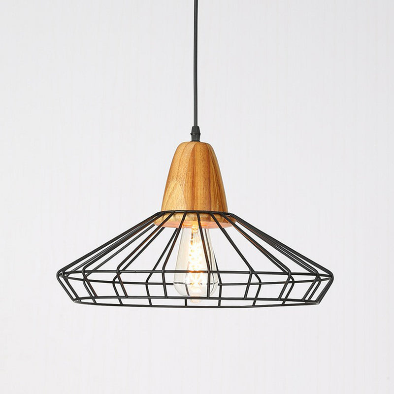 Farmhouse Wire Cage Suspension Lighting 1-Bulb Iron Ceiling Pendant with Wood Socket