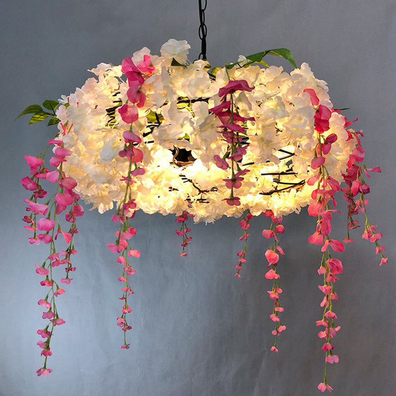 3-Bulb Round Hanging Lamp Loft Style Metal Pendant Light Fixture with Fake Flowers for Restaurant