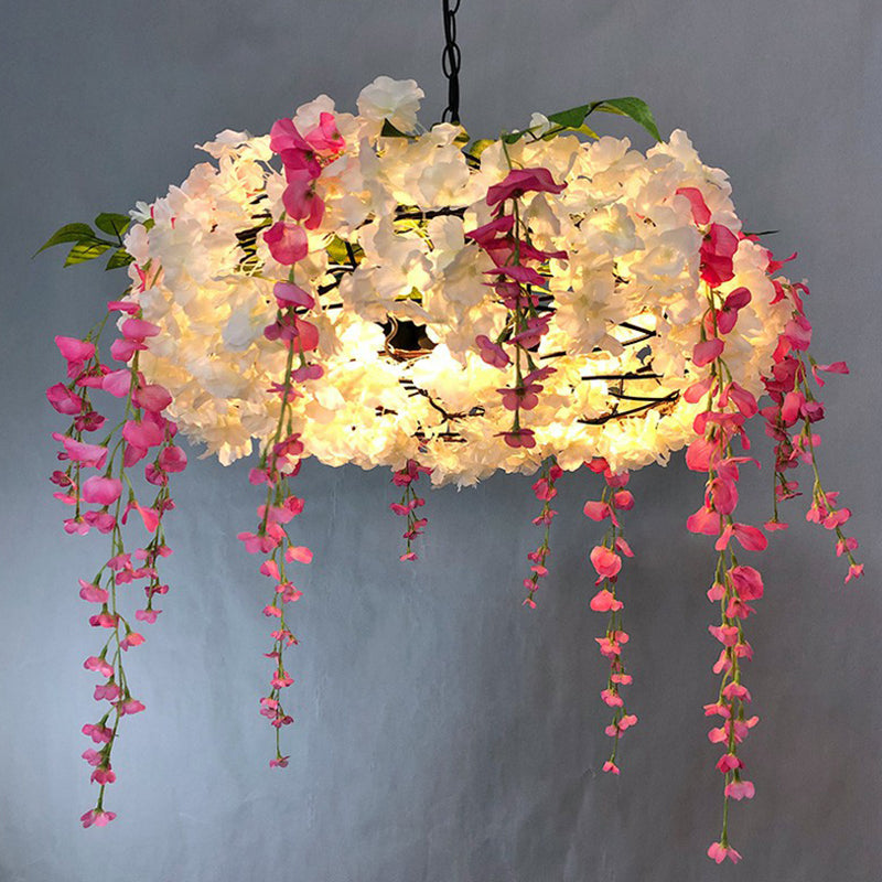 3-Bulb Round Hanging Lamp Loft Style Metal Pendant Light Fixture with Fake Flowers for Restaurant