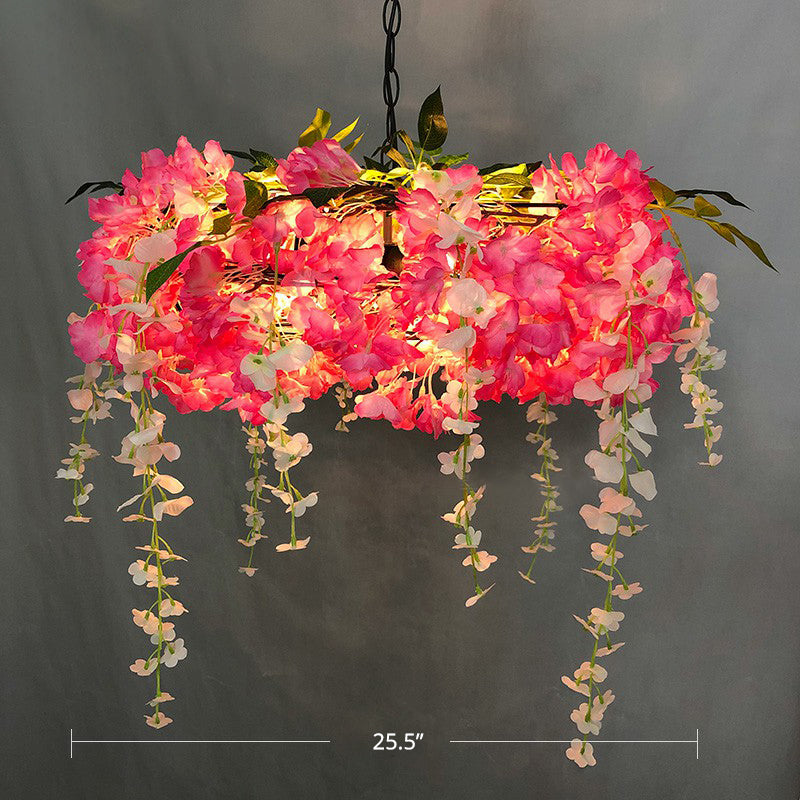 3-Bulb Round Hanging Lamp Loft Style Metal Pendant Light Fixture with Fake Flowers for Restaurant