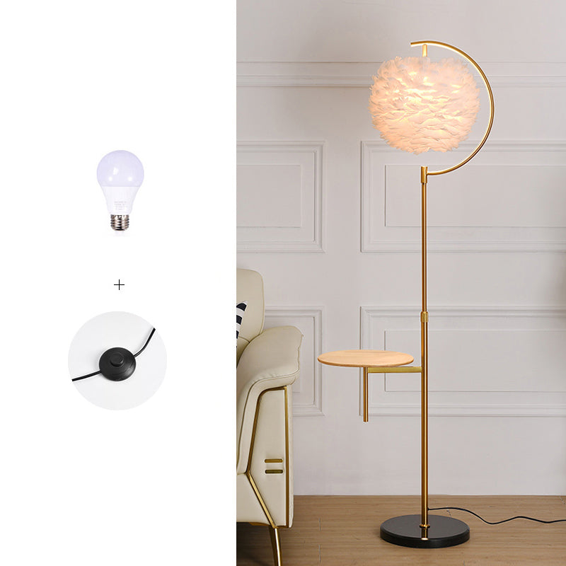 Feather Ball Shade Standing Light Nordic 1 Bulb Adjustable Floor Lamp with Wooden Tray