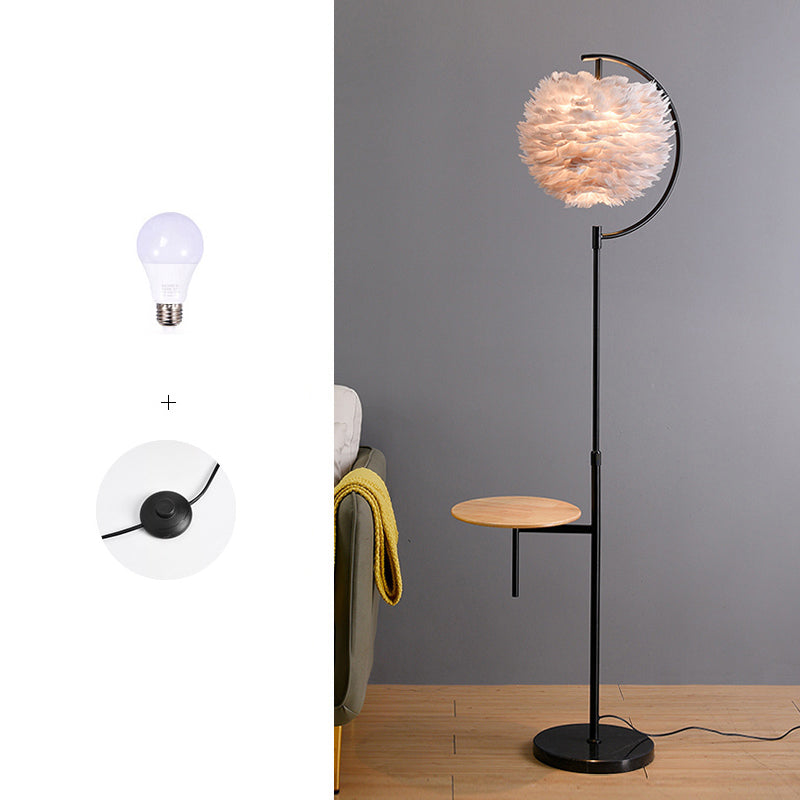 Feather Ball Shade Standing Light Nordic 1 Bulb Adjustable Floor Lamp with Wooden Tray