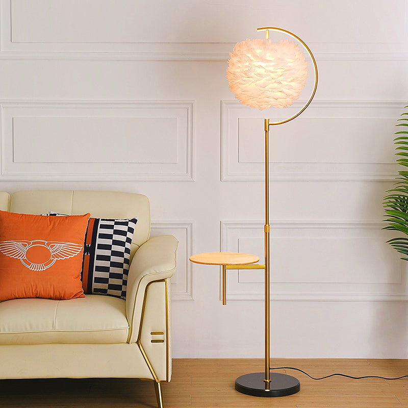 Feather Ball Shade Standing Light Nordic 1 Bulb Adjustable Floor Lamp with Wooden Tray