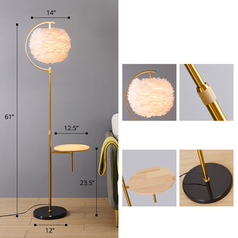 Feather Ball Shade Standing Light Nordic 1 Bulb Adjustable Floor Lamp with Wooden Tray