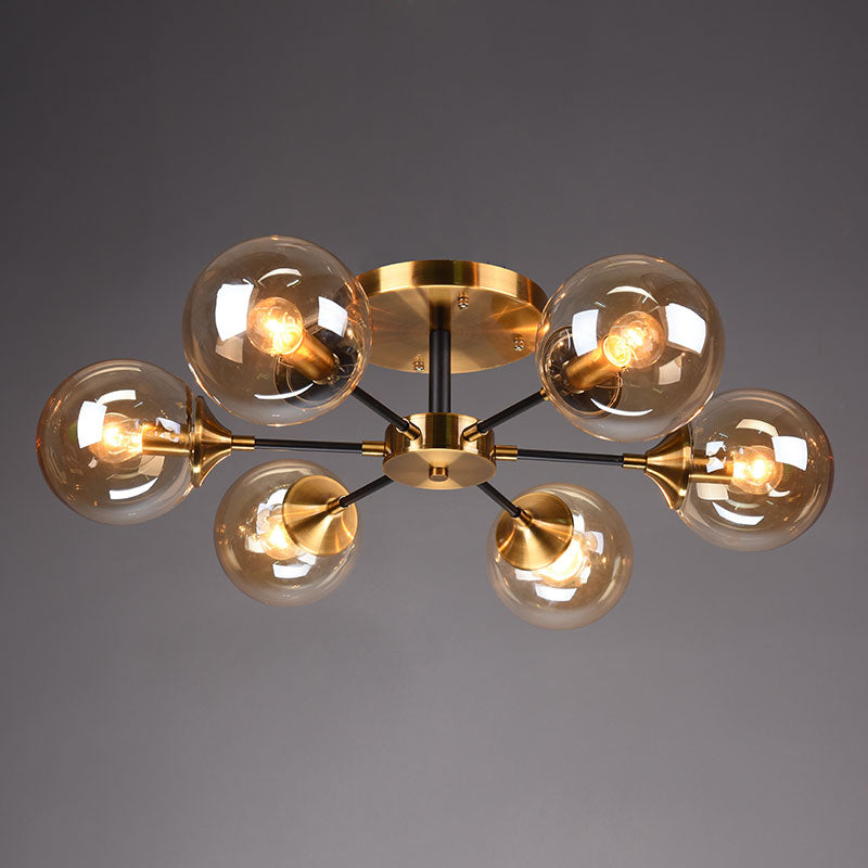 Burst Design Living Room Flushmount Ball Glass Postmodern Semi Flush Mount Light in Brass