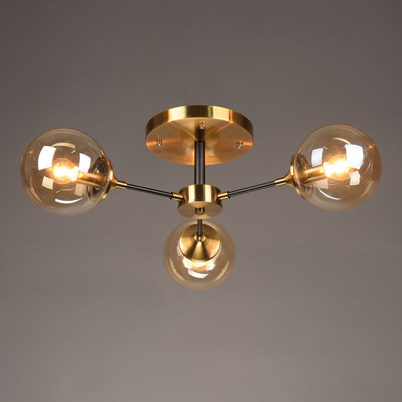 Burst Design Living Room Flushmount Ball Glass Postmodern Semi Flush Mount Light in Brass