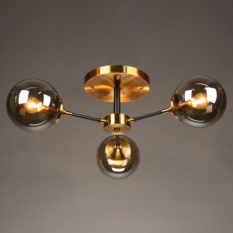 Burst Design Living Room Flushmount Ball Glass Postmodern Semi Flush Mount Light in Brass