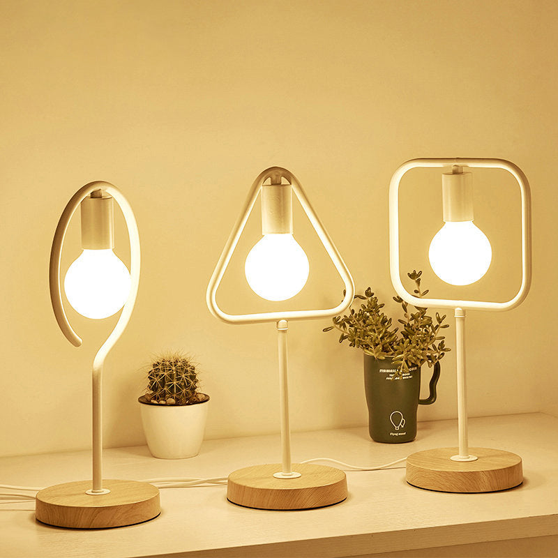 Geometric Frame Metal Table Lamp Industrial Single Bedside Night Light with Round Wooden Base